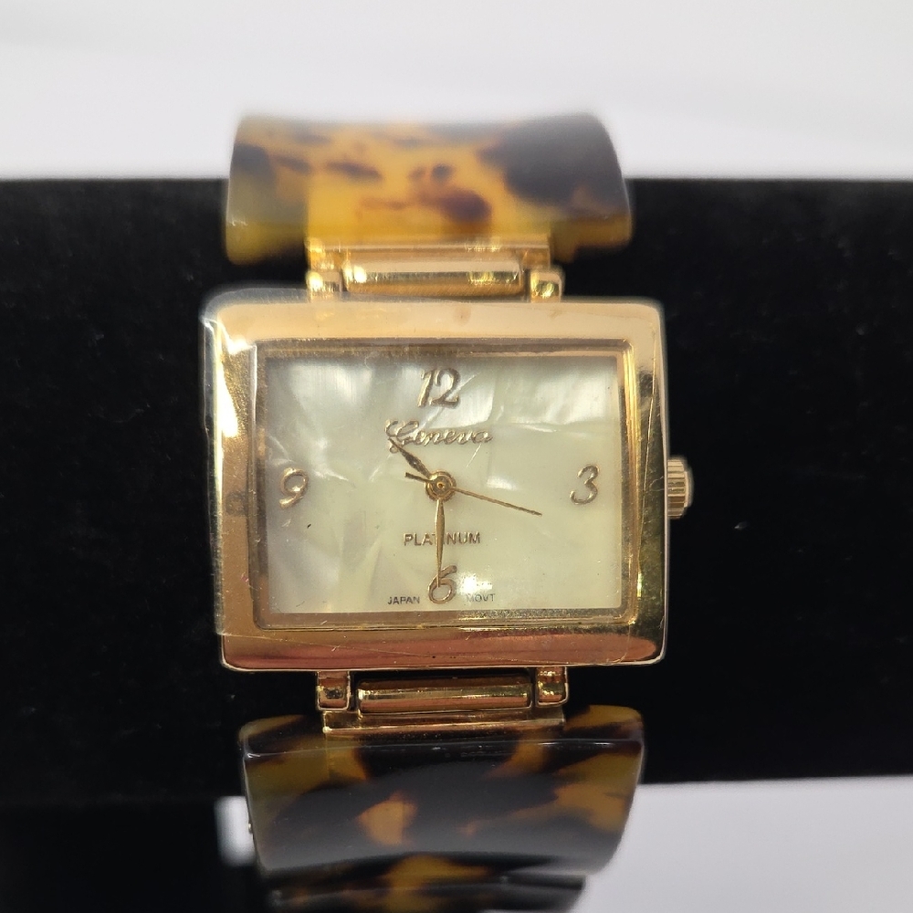 Vintage 90s Geneva Tortoise Shell Womens Wrist Watch - Gold Square Face 7.5"